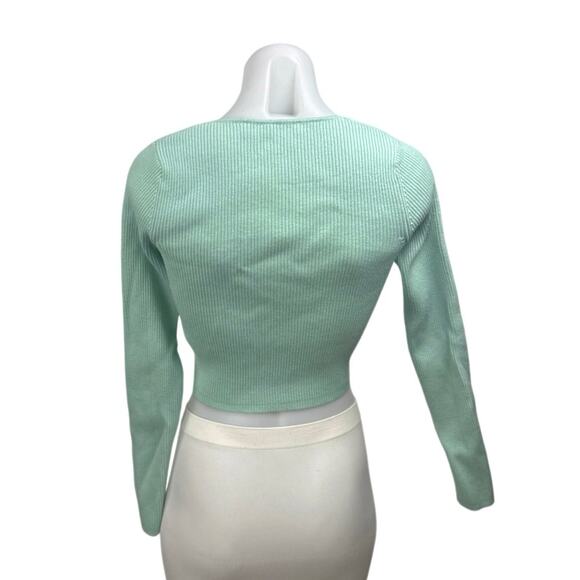 Zara Women's Green Rib Knit Square Neck Long Sleeve Button Crop Sweater Top Sz M - Picture 2 of 4